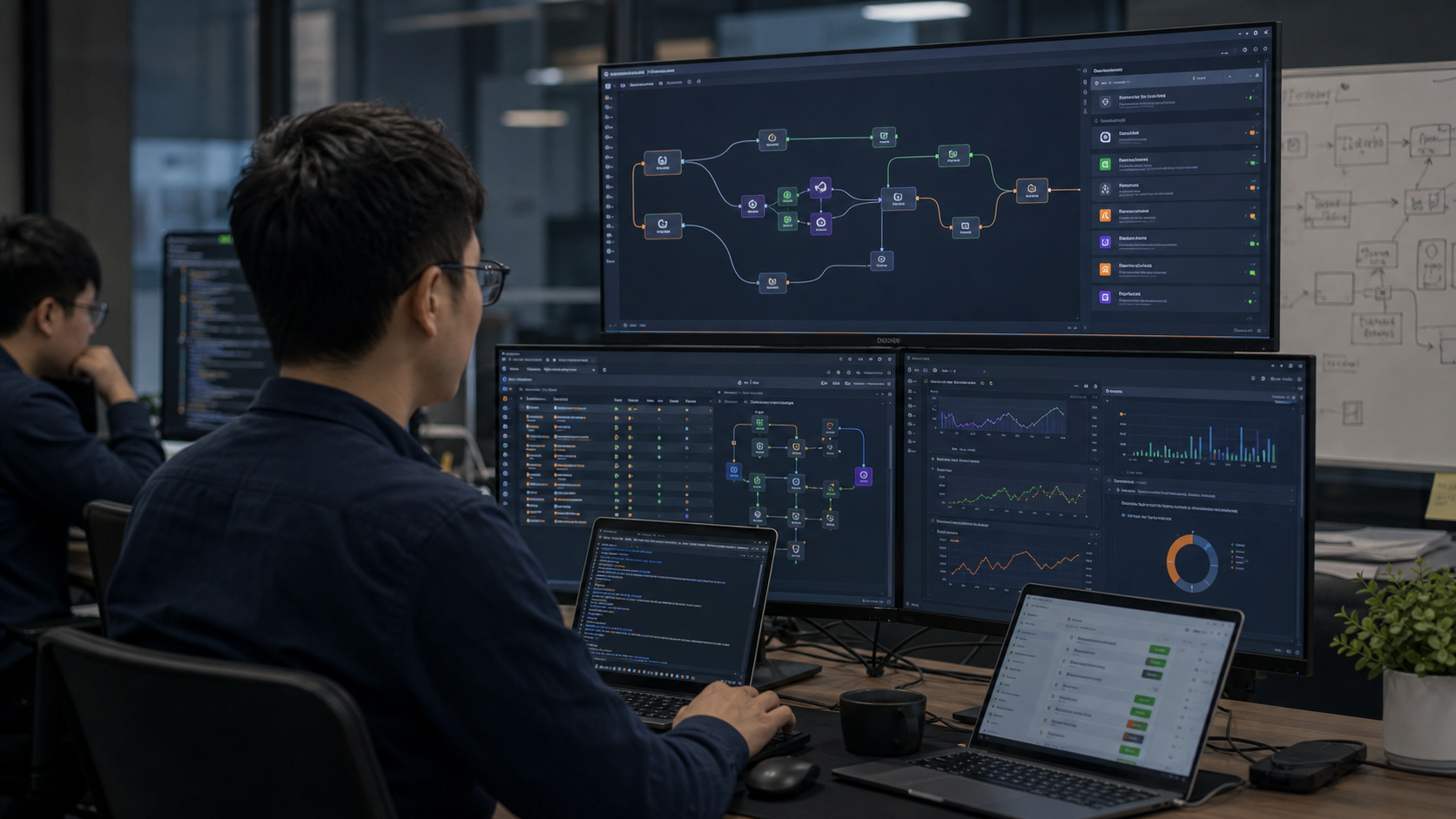 Engineers monitoring n8n automation and business system integration