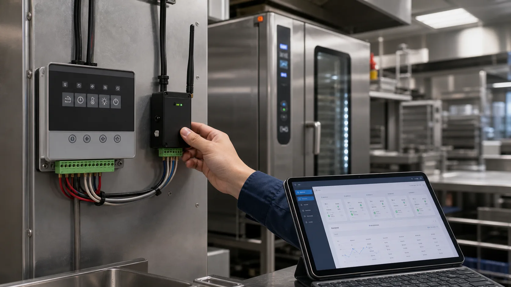 Wi-Fi serial converter installed beside commercial kitchen equipment