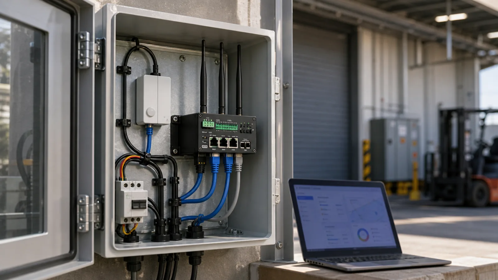Field edge gateway installed in a utility cabinet with diagnostics access