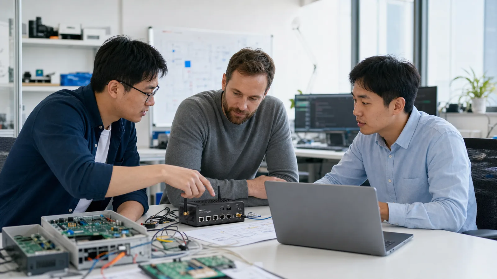 Embedded hardware and firmware team reviewing a connected device prototype