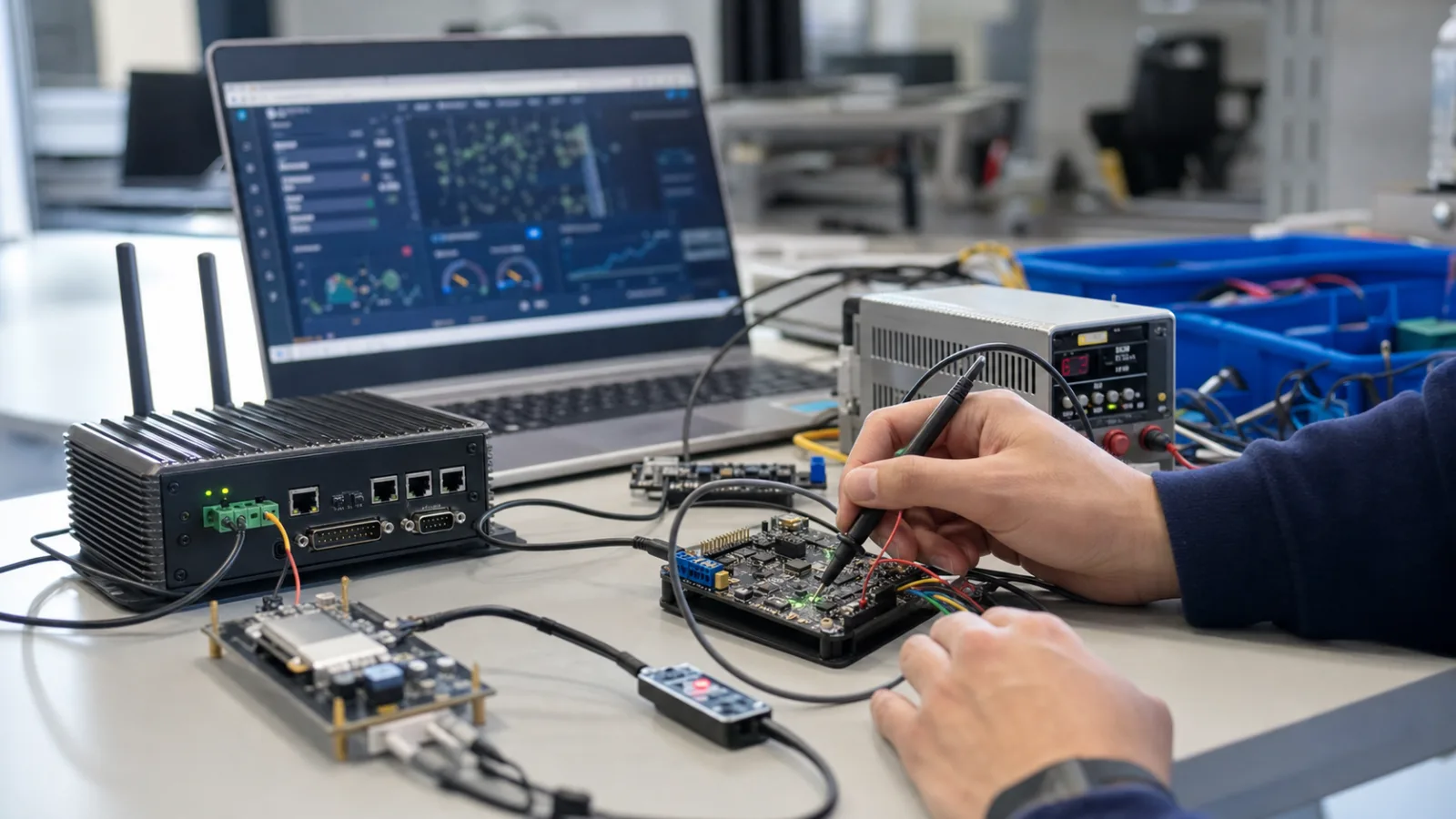 IoT hardware validation bench with gateway, prototype board, test probes, and telemetry dashboard