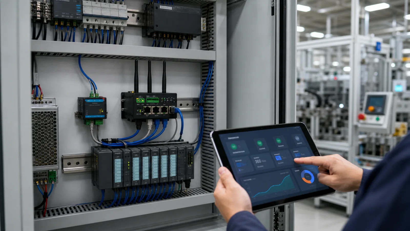 Industrial edge gateway connected inside a control cabinet for equipment monitoring
